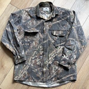 VTG Mossy Oak Treestand Pattern Cotton Button Up Long Sleeve Shirt Sz M? FLAWS